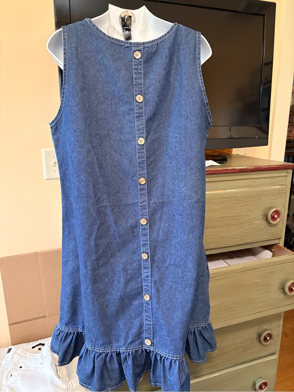 Sleeveless Denim Ruffle-Hem Dress, size M - Picture 2 of 4
